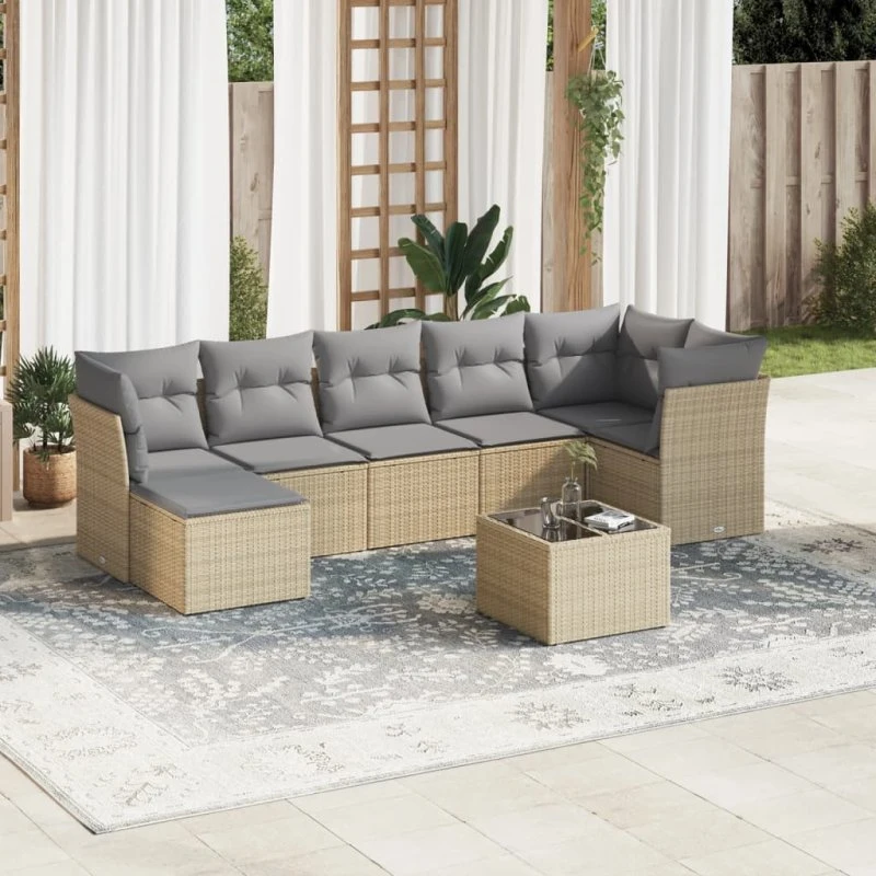 8-dele sofasæt til haven i polyrattan med hynder, beige