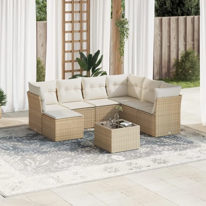 Sofasæt til haven 8 dele i polyrattan med hynder - beige