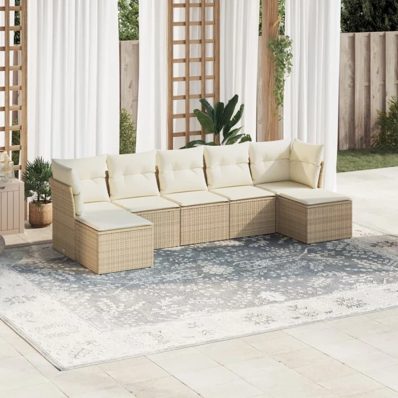 Havesofasæt 7 dele i polyrattan med hynder – Beige