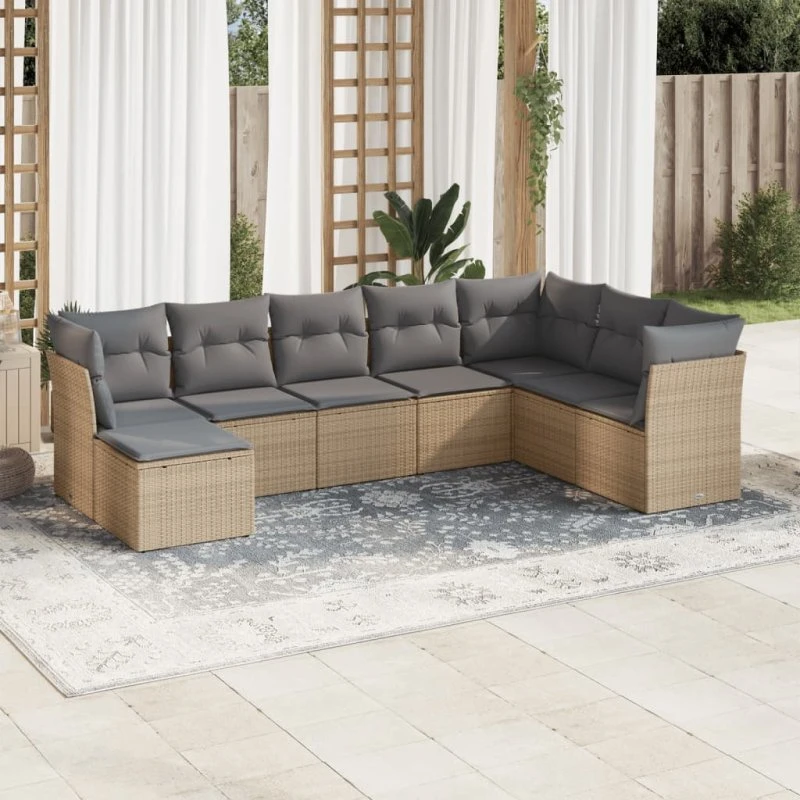 Havesæt polyrattan 8 dele med hynder - beige