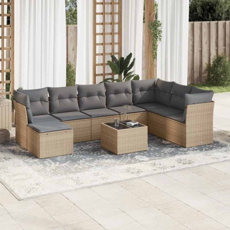 Havesofasæt 9 dele i polyrattan med hynder – beige