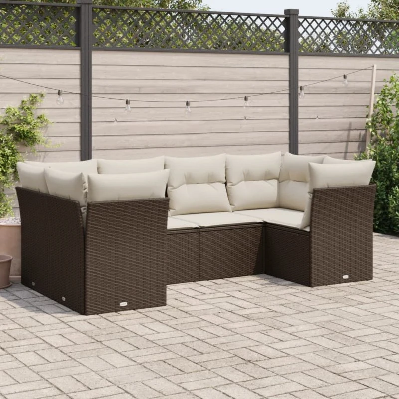 Havesofasæt 6 dele i brun polyrattan med hynder