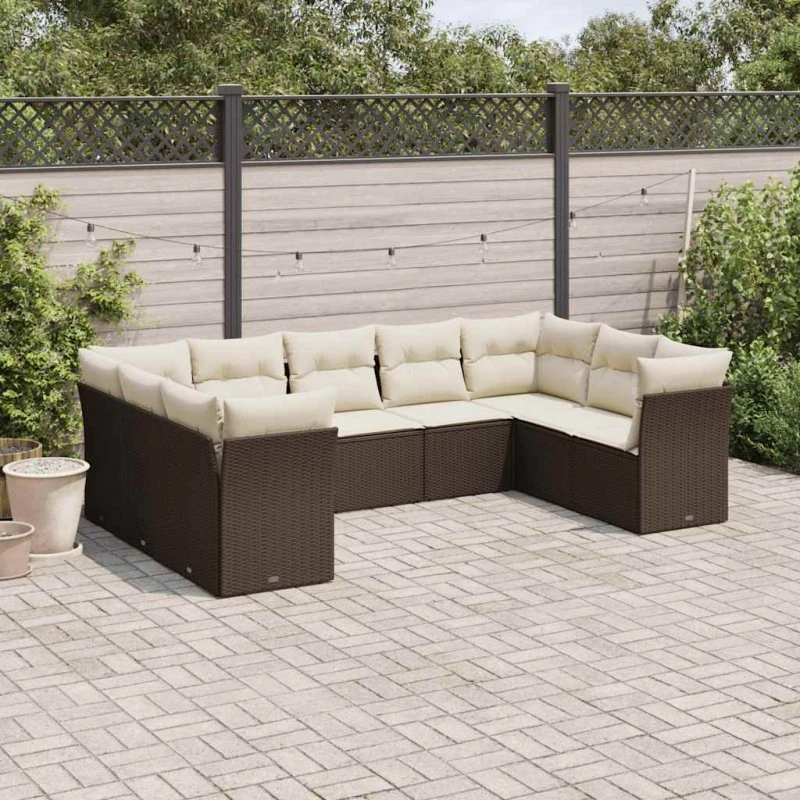 Havesofasæt 9 dele i brun polyrattan inkl. hynder