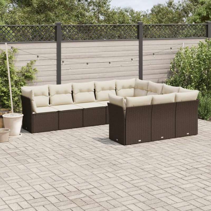 Havesofasæt 10 dele i polyrattan med hynder - brun