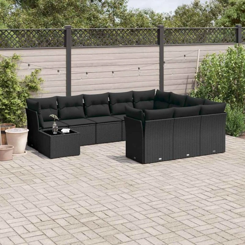 Havesofasæt 11 dele i polyrattan med hynder – sort