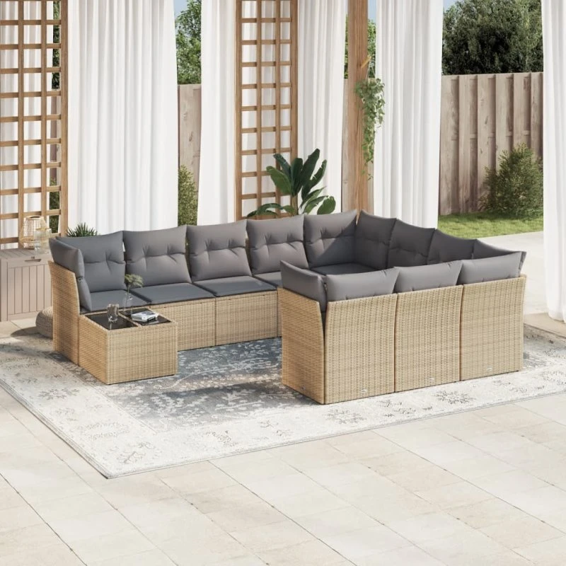 Havesofasæt 11 dele i polyrattan beige med hynder