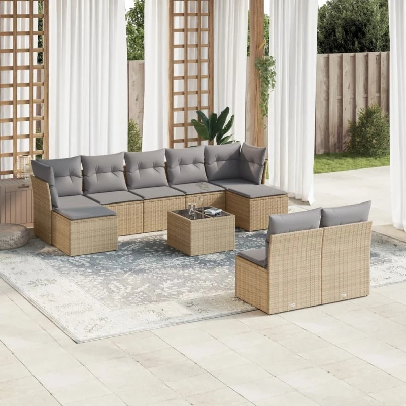 Havesofasæt 10 dele i beige polyrattan m. hynder