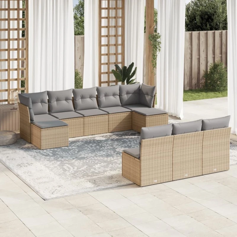 Havesofasæt 10 dele beige polyrattan med hynder