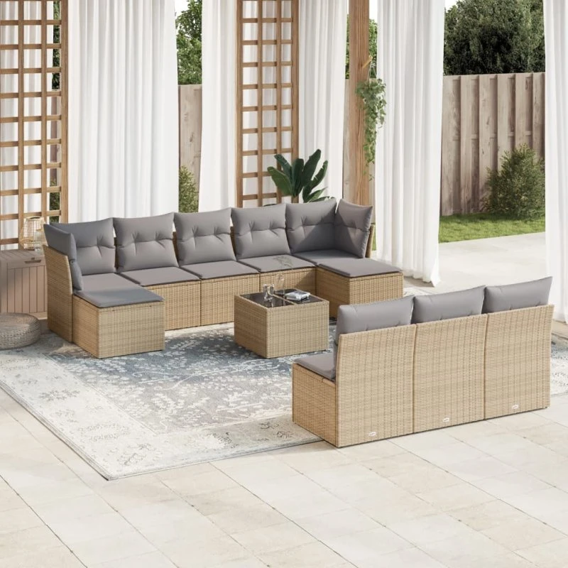 Havesofasæt 11 dele polyrattan beige m. hynder