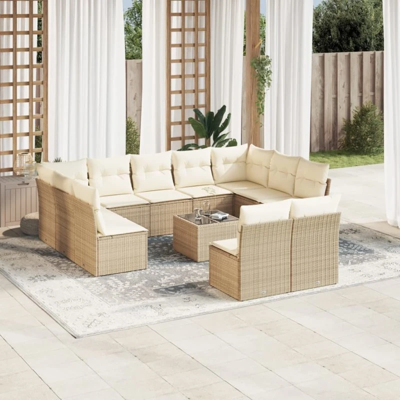 Havesofasæt 12 dele i beige polyrattan med hynder