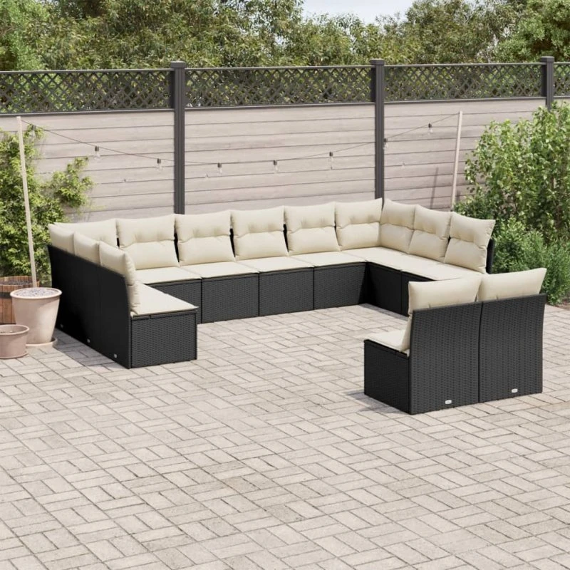 Havesofasæt 12 dele i polyrattan med hynder – sort