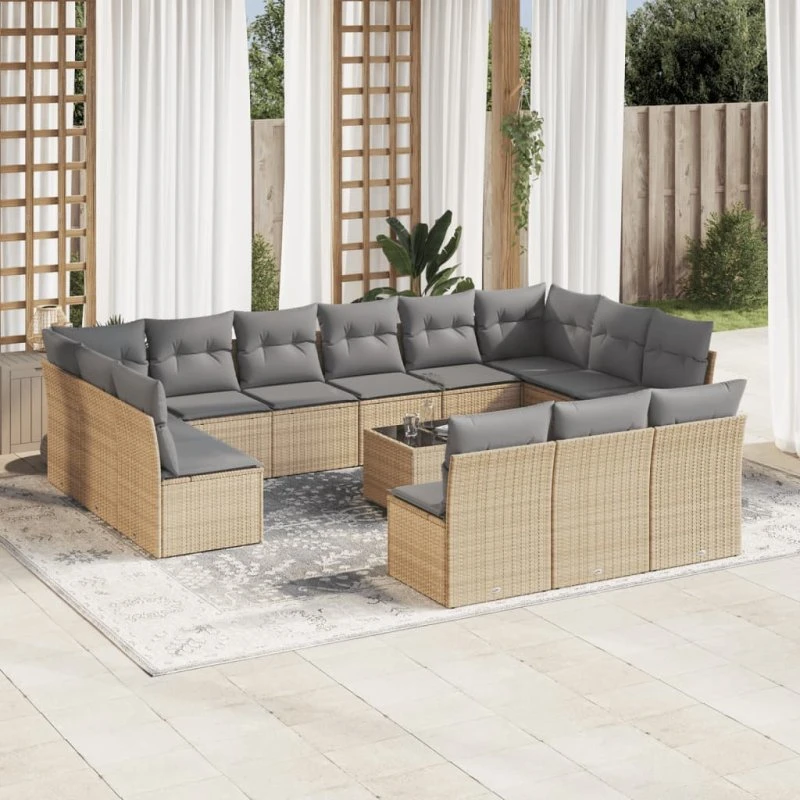 Havesofasæt 14 dele i polyrattan med hynder - beige