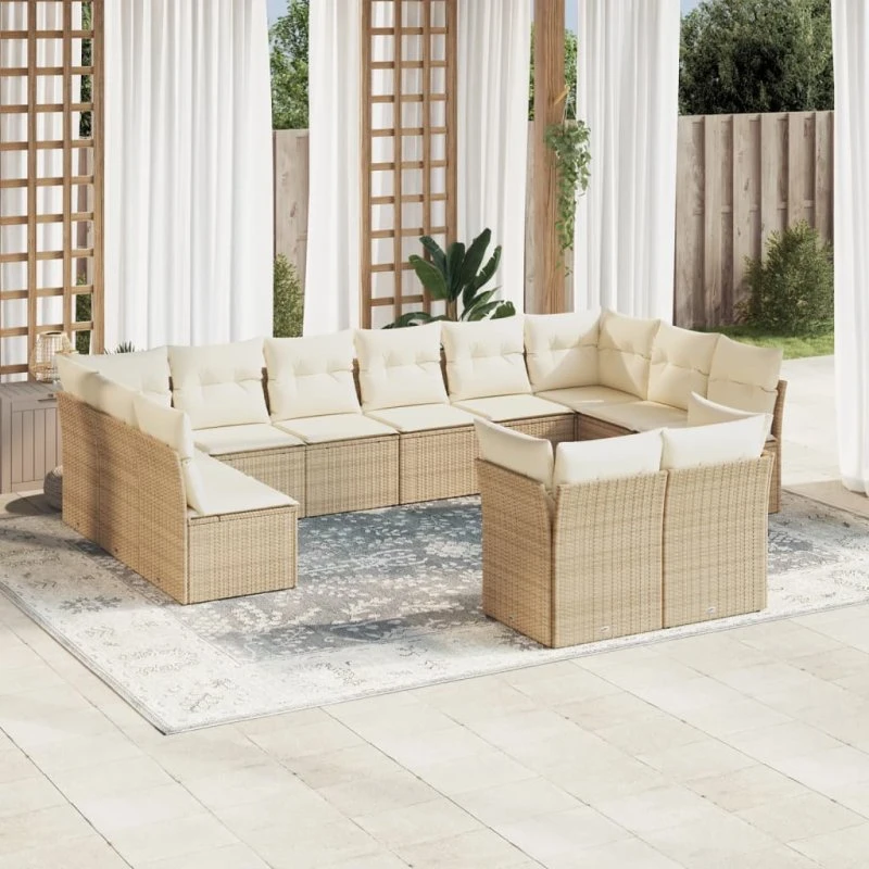 Havesofasæt 12 dele i polyrattan med hynder - beige