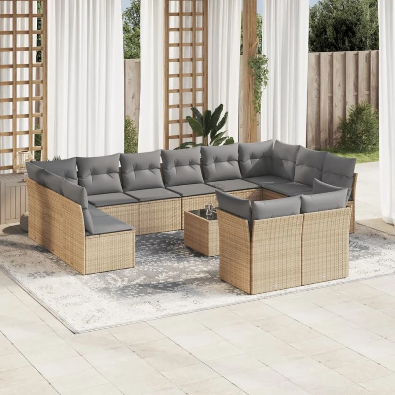 Havesofasæt 13 dele i beige polyrattan med hynder