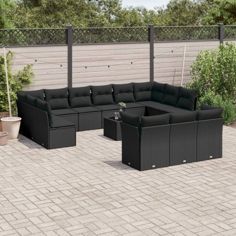 Havesofasæt 14 dele i polyrattan - sort med hynder