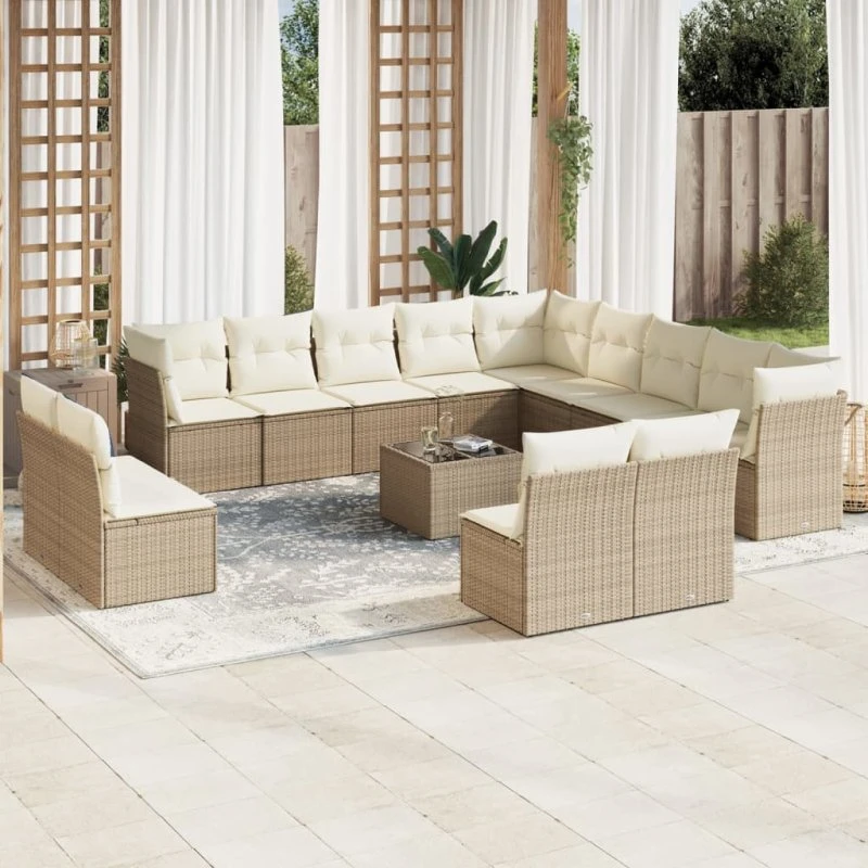 Havesofasæt 14 dele i polyrattan med hynder - Beige
