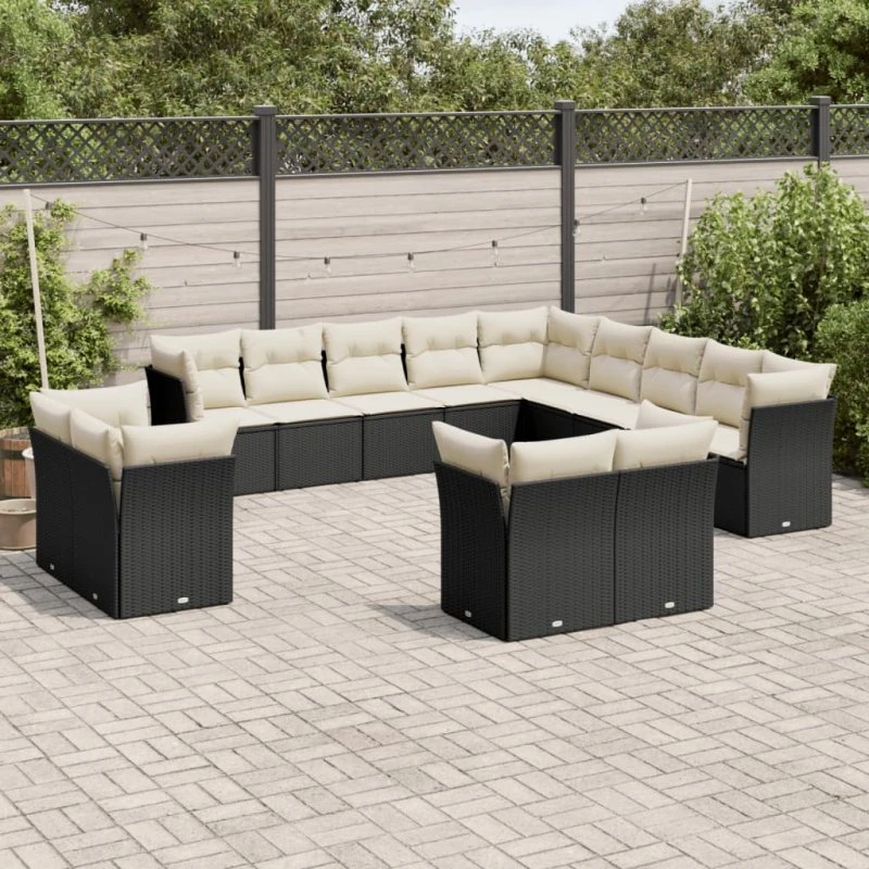 Havesofasæt 13 dele i sort polyrattan med hynder