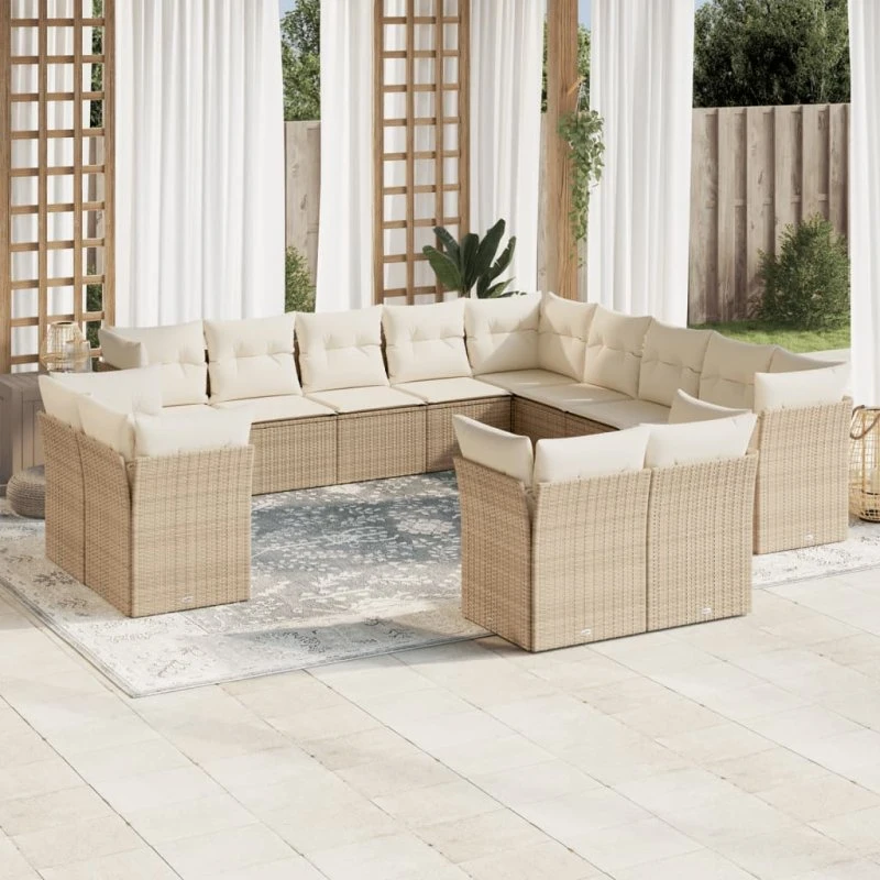 Havesofasæt 13 dele i polyrattan med hynder, beige