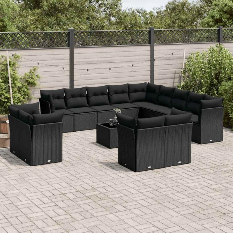 Havesæt 14 dele i sort polyrattan med hynder