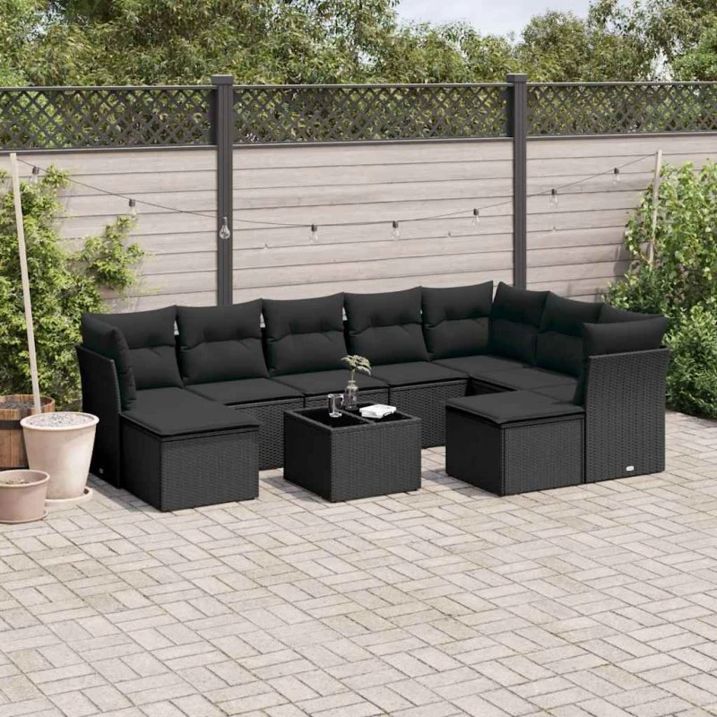 Havesofasæt 10 dele i polyrattan med hynder, sort