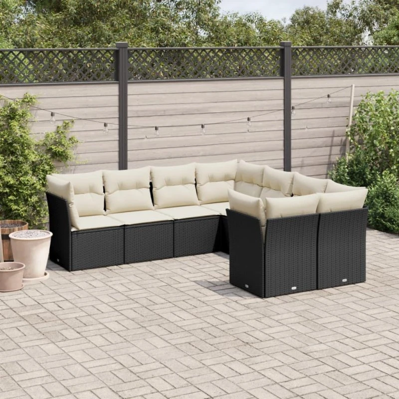Havesofasæt 8 dele i sort polyrattan med hynder