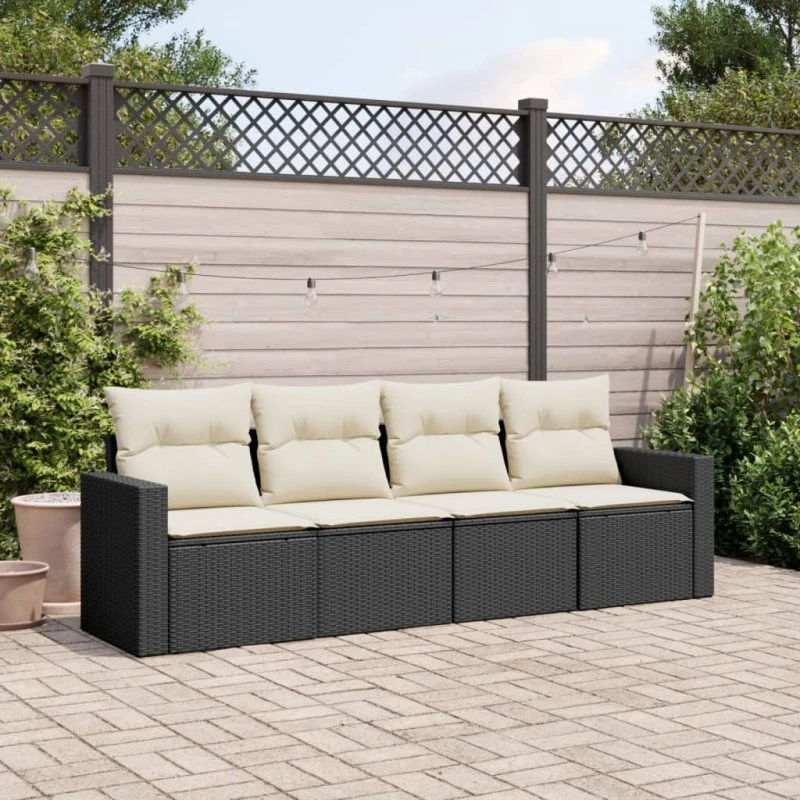Sofasæt til haven 4 dele i polyrattan med hynder – sort