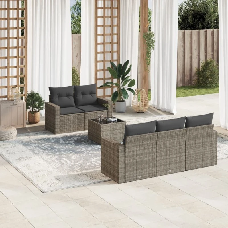 Sofasæt til haven 6 dele i grå polyrattan med hynder