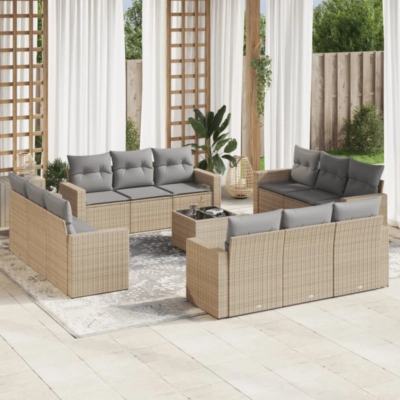 Havemøbelsæt 13 dele i polyrattan med hynder – beige