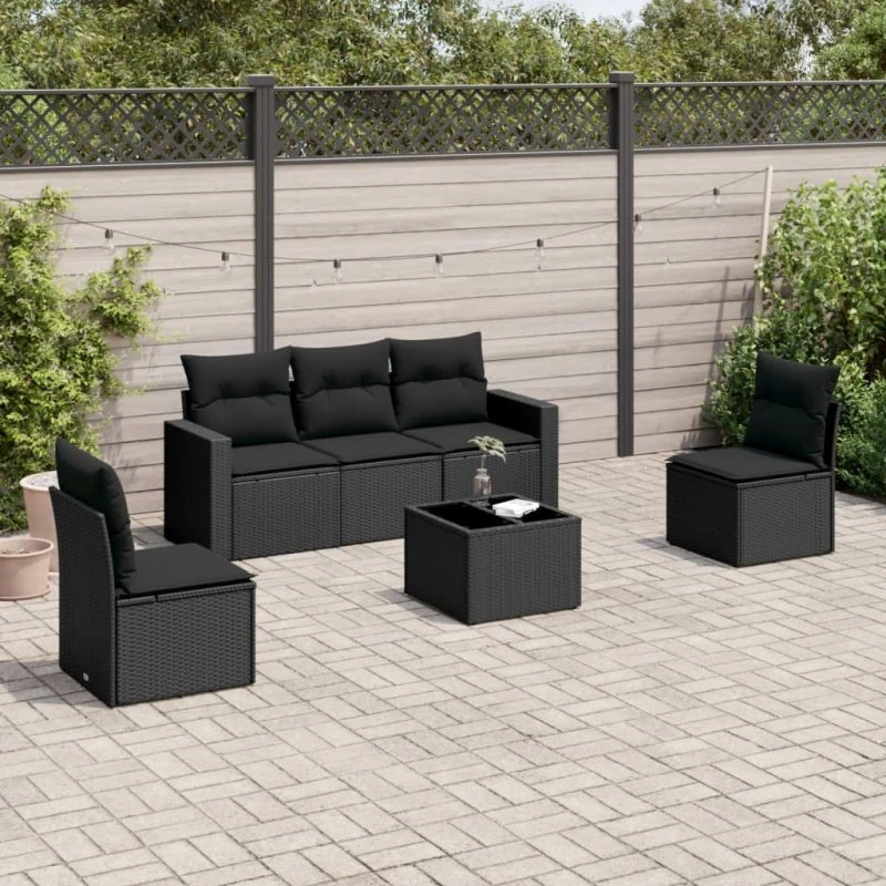 Havesofasæt 6 dele polyrattan med hynder - sort