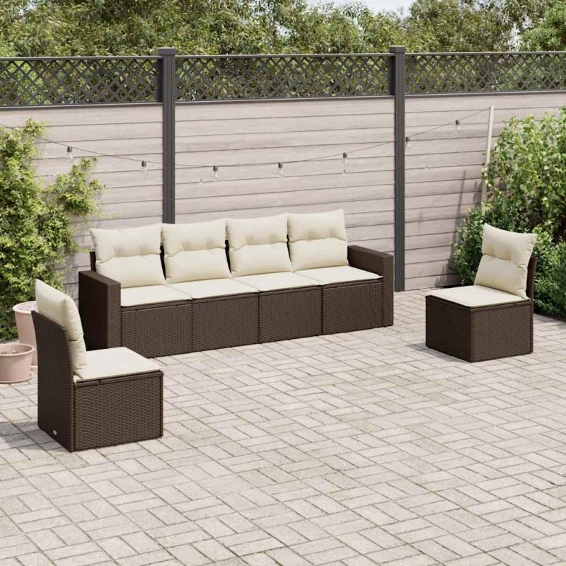 Havesofasæt 6 dele i brun polyrattan med hynder