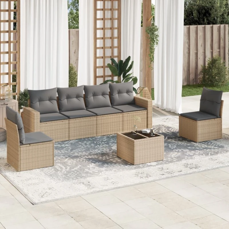 Havesofasæt 7 dele i polyrattan med hynder - beige