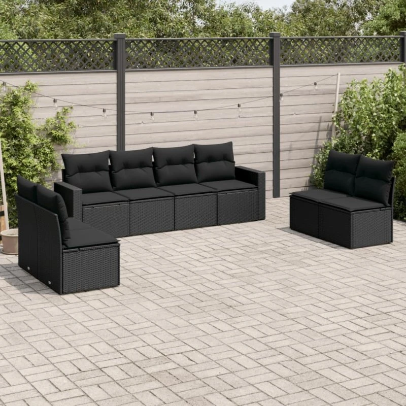 Havesofasæt 8 dele i sort polyrattan med hynder