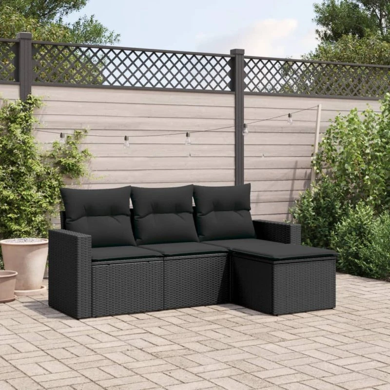 Sofasæt til haven 4 dele i sort polyrattan med hynder
