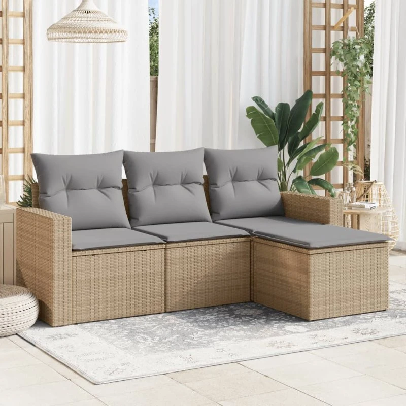 Havesofasæt 4 dele i beige polyrattan med hynder