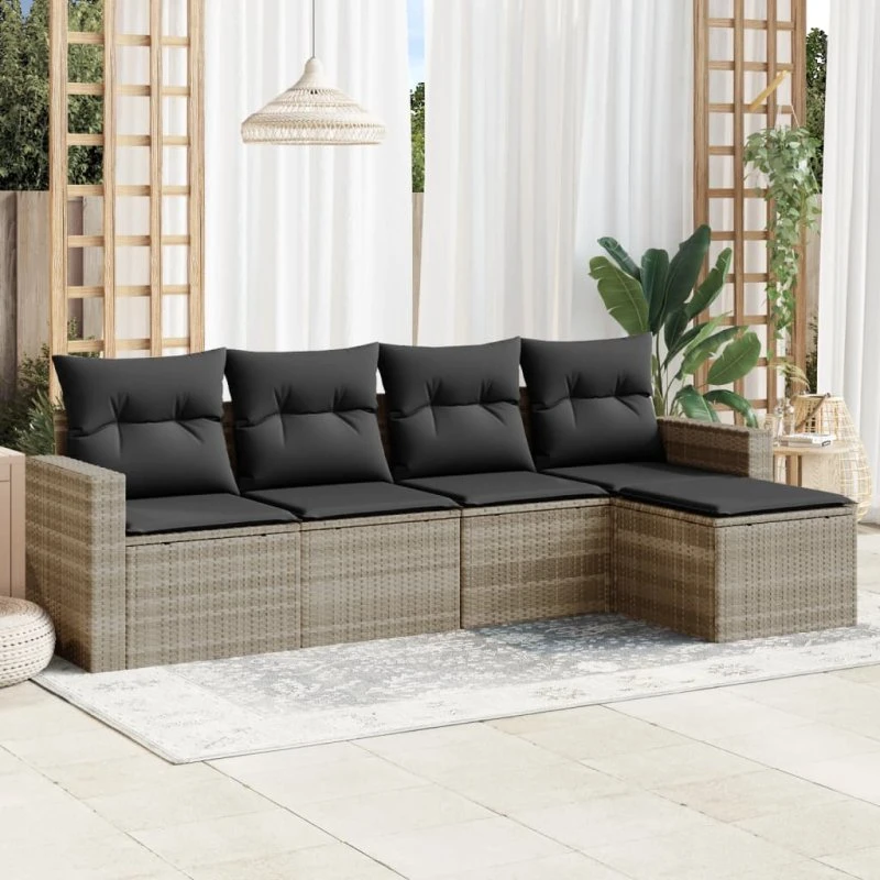 Havesofasæt 5 dele i lysegrå polyrattan med hynder
