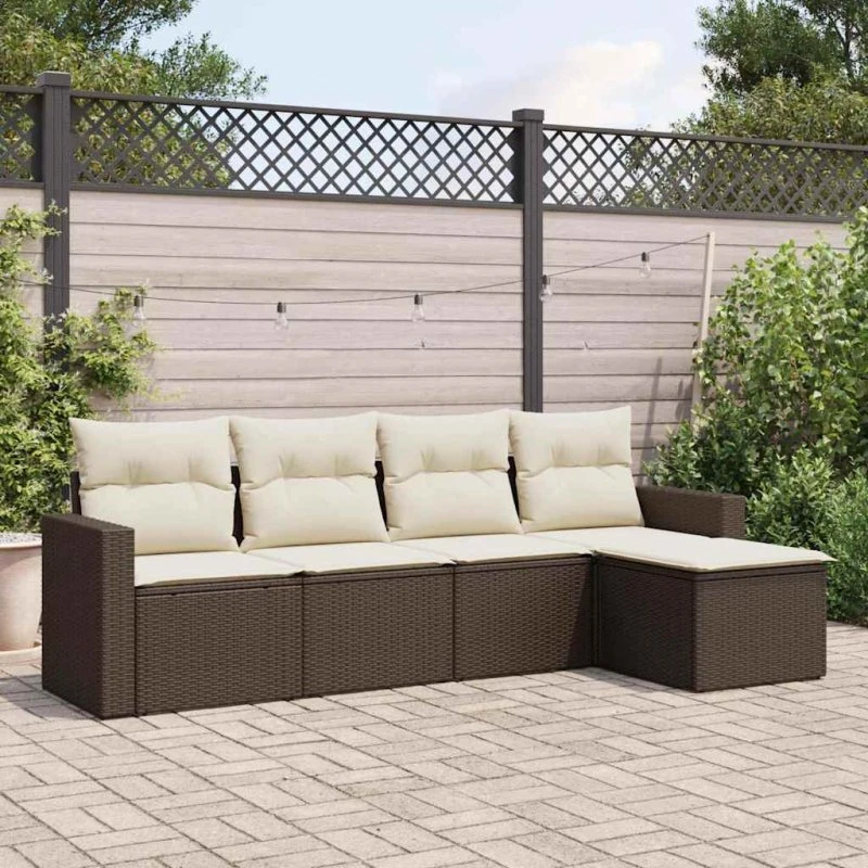 Havesofasæt 5 dele i brun polyrattan med hynder