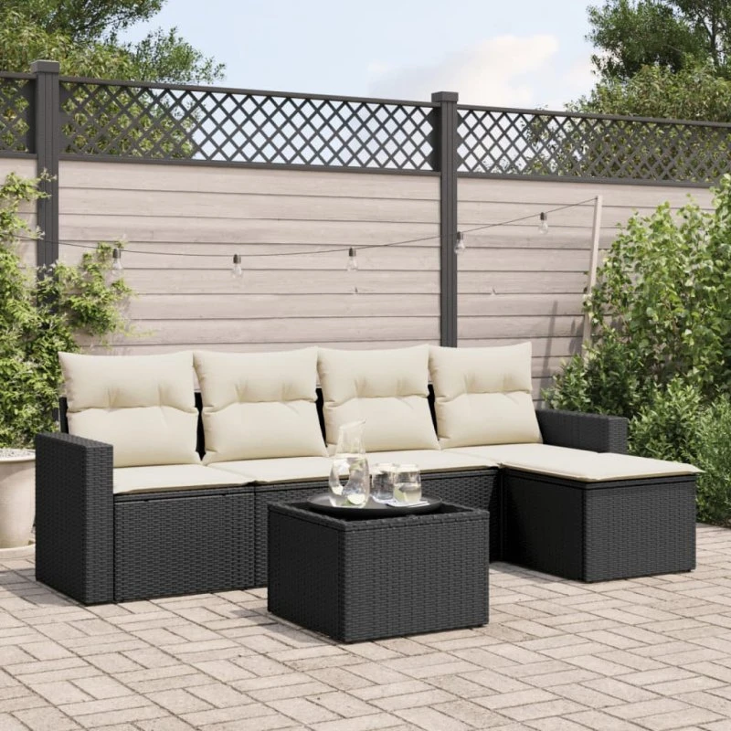 Havesofasæt 6 dele i sort polyrattan m. hynder