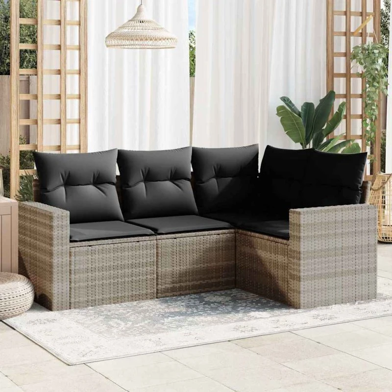 Havesofasæt 4 dele i lysegrå polyrattan med hynder