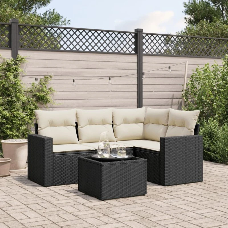 5-dele havesofasæt i sort polyrattan med hynder