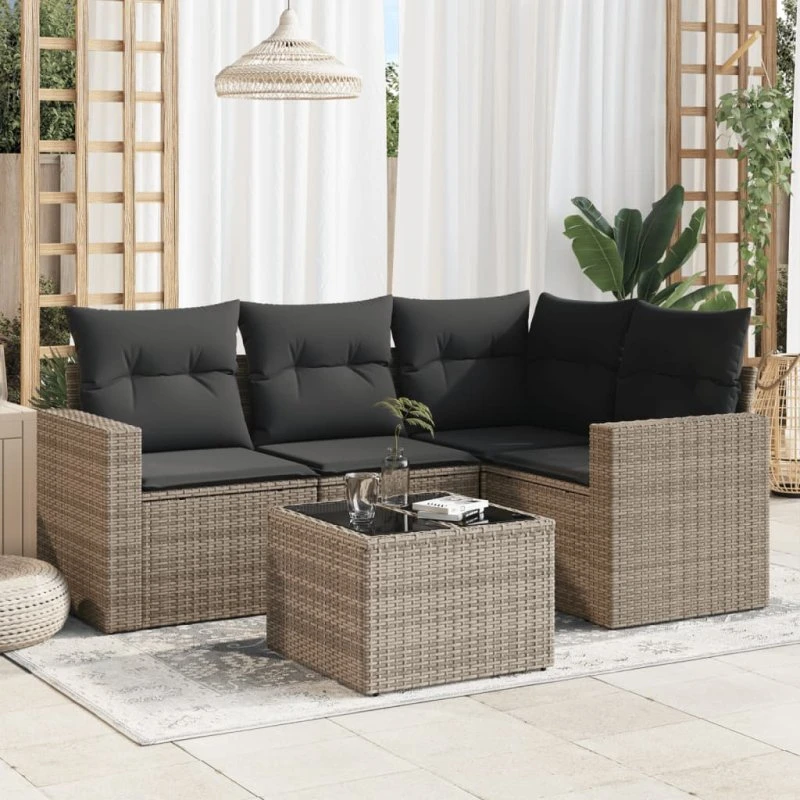 Sofasæt 5 dele i polyrattan med hynder - grå