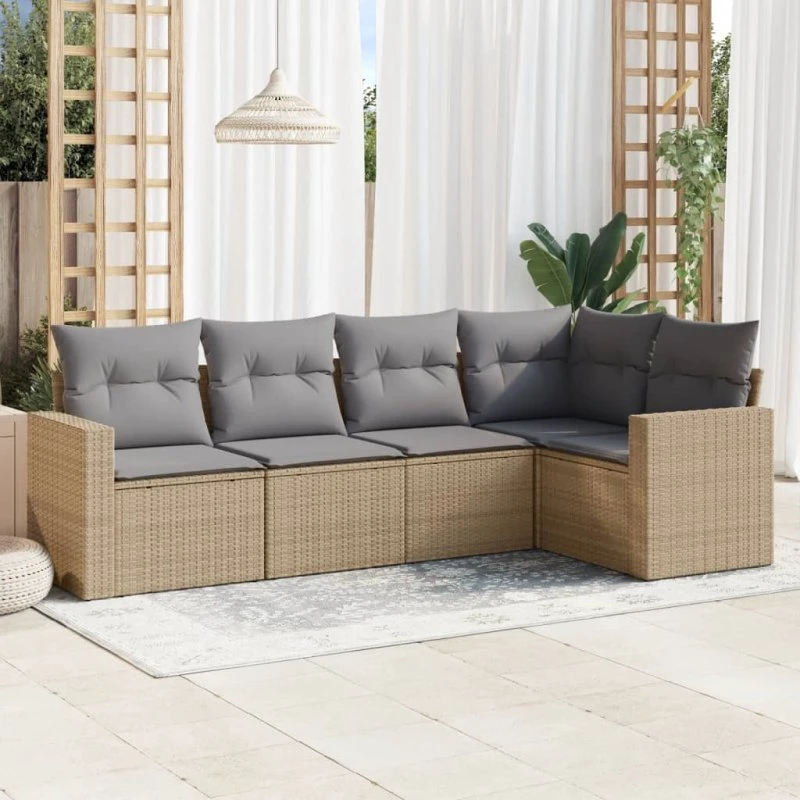 5-dele havesofasæt i polyrattan med hynder – beige
