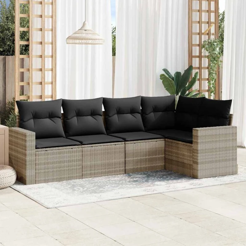 Sofasæt 5 dele polyrattan med hynder - lysegrå
