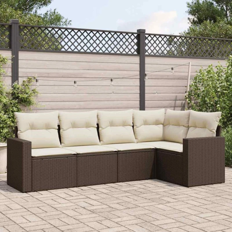Havesofasæt 5 dele i brun polyrattan med hynder