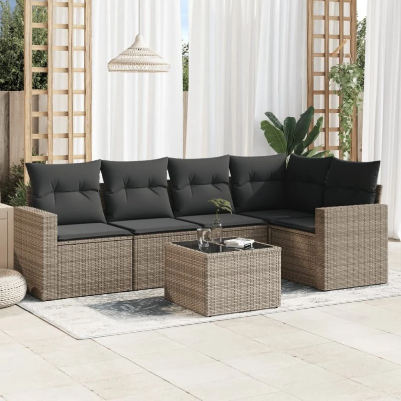 Havesofasæt i polyrattan 6 dele med hynder, grå