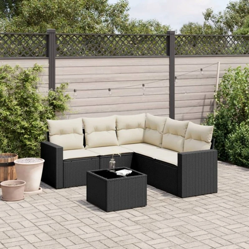 Sofasæt til haven 6 dele i sort polyrattan med hynder