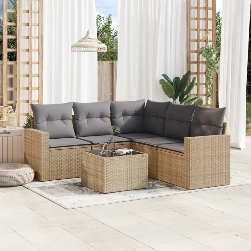 Havesofasæt 6 dele i beige polyrattan med hynder