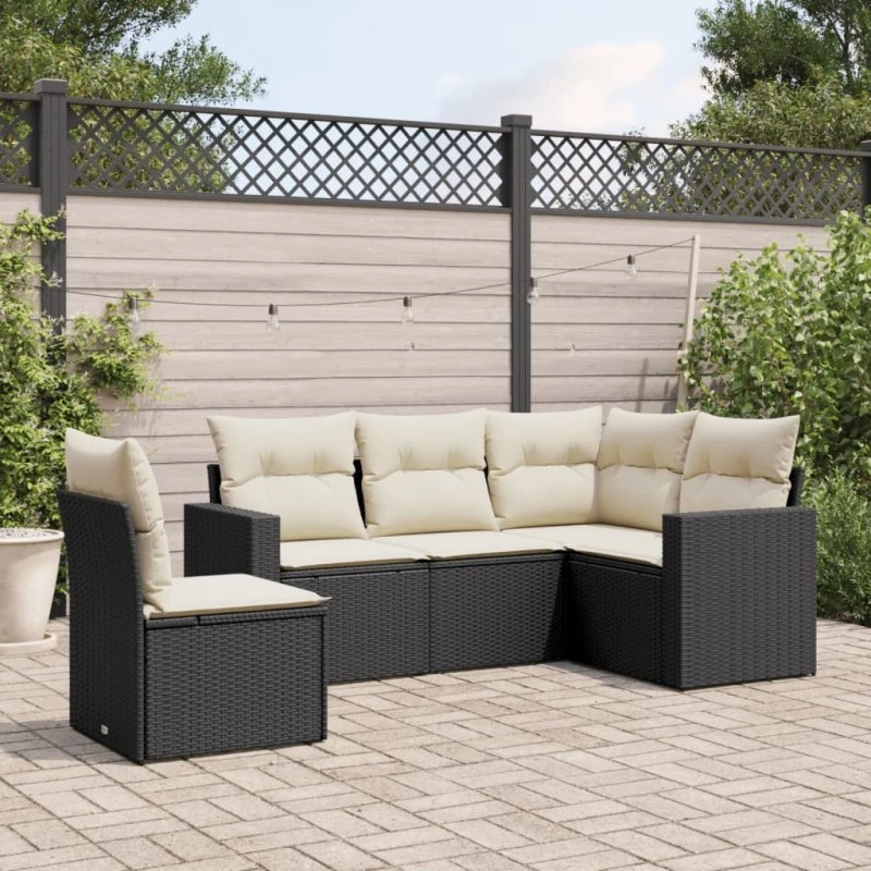 Havesofasæt 5 dele i polyrattan med hynder, sort