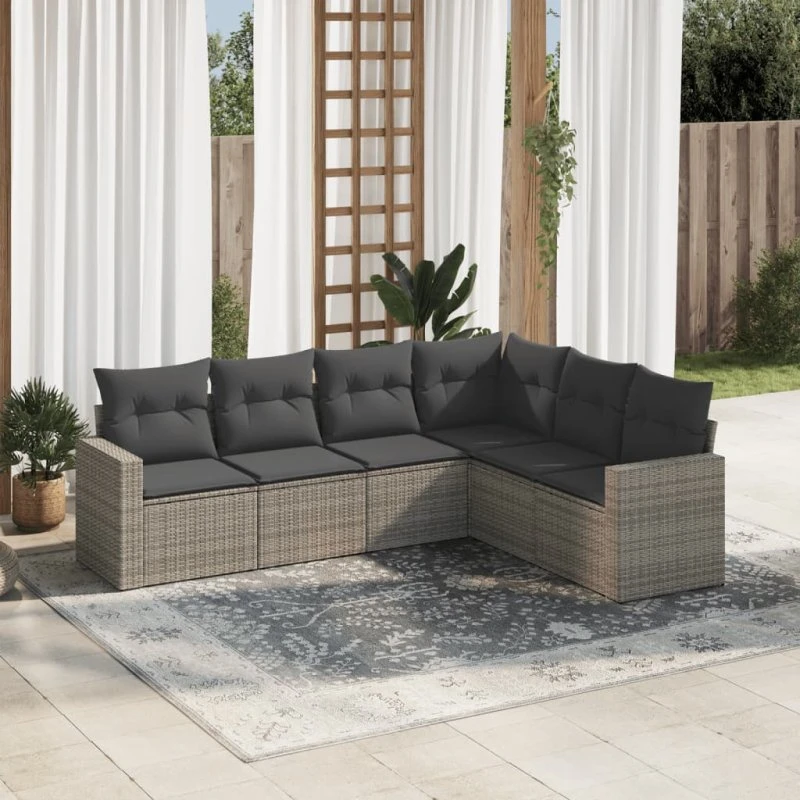 Havesofasæt 6 dele i grå polyrattan med hynder