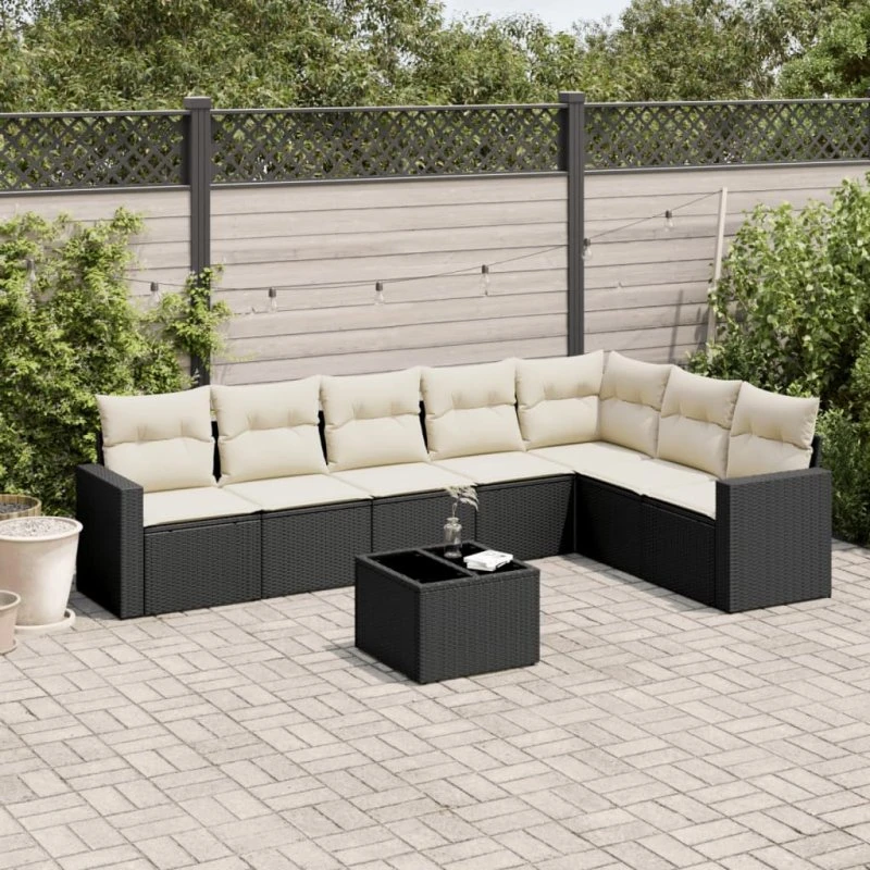 8-dele have-sofasæt i sort polyrattan med hynder