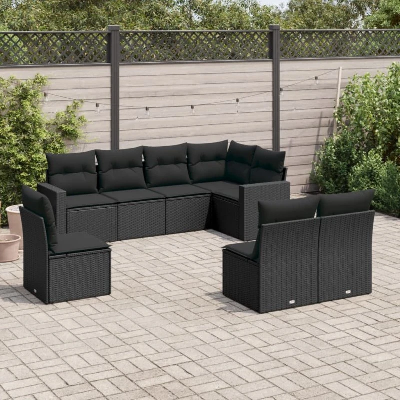 Havesofasæt 8 dele i sort polyrattan med hynder